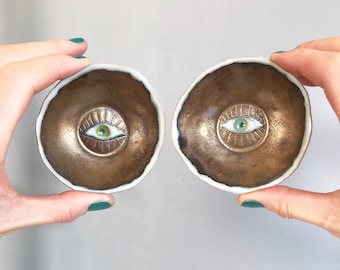Handmade mini gold with coloured eye ceramic ring dish, handmade mini pottery eye ring dish, gold eye ceramic ring holder, gold mini dish