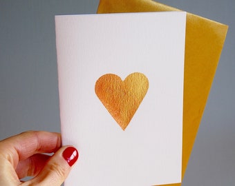 Handmade valentine's day Gold leaf single heart  love card, gold leaf  heart valentines day card, gold heart love card, gold leaf heart card