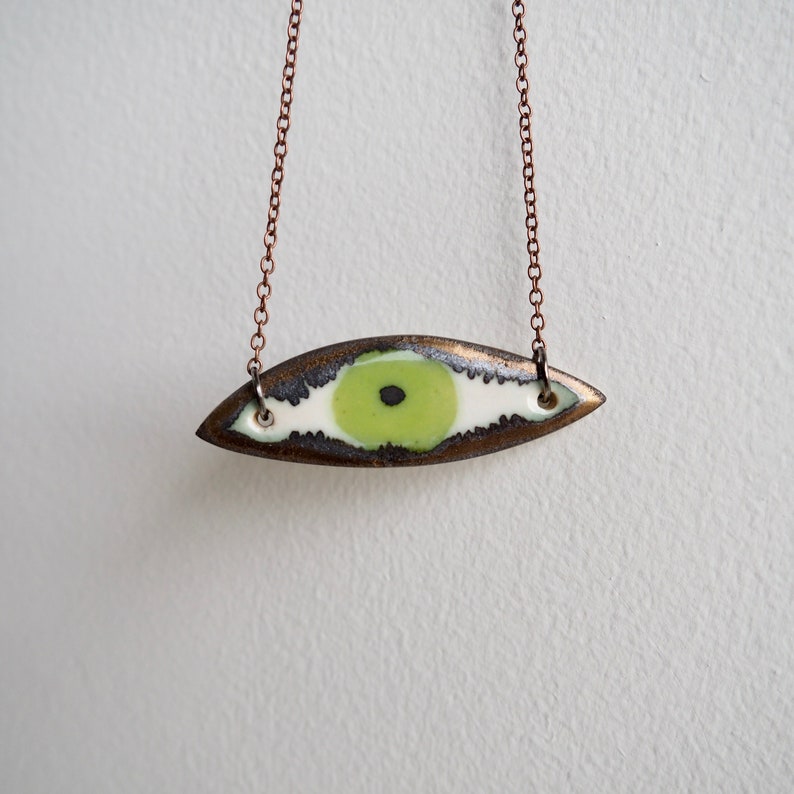 Handmade spring green ceramic eye necklace, green statement necklace, ceramic evil eye jewellery, unique green eye ceramic jewellery image 1
