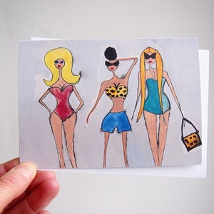 Girls on the beach summer birthday  card, glamorous girls fashion illustration watercolour card, sunbathers card,