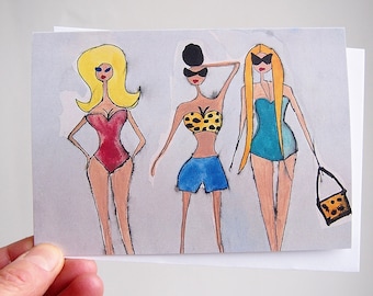 Girls on the beach summer birthday  card, glamorous girls fashion illustration watercolour card, sunbathers card,