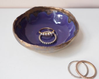 Handmade mini purple and gold ceramic ring dish, purple and gold small pottery jewellery dish, mini purple and gold ring display dish, dish