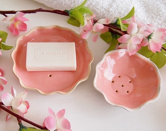 Handmade pastel pink and white curvy ceramic soap dish, pink and white pottery soap dish, pink ceramic soap dispenser, pink bathroom decor