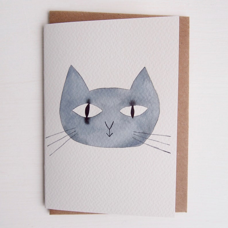 Handmade personalised watercolour cat face birthday card, cat painting, cat lover greeting card, personalised cat watercolour greeting card 画像 3