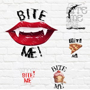 以下が含まれることがあります： さまざまなスタイルで「Bite Me！」というフレーズをフィーチャーしたグラフィックデザインのコレクション。デザインには、牙のある赤い唇、ピザのスライス、カップケーキ、ジャンプする魚が含まれます。すべてのデザインは黒と赤です。