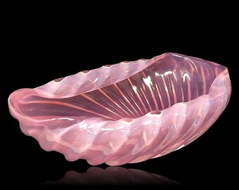 XL C.1950s Archimede SEGUSO MURANO "Opalino A Coste" Pink Opalescent Ribbed Glass Bowl | Centerpiece  - Published & Rare!