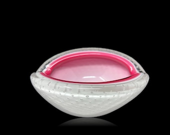 PHENOMENAL Large Fratelli Toso Italian Mid-Century MOD Hot Pink Rimmed Cased Bullicante Glass Bowl | Dish