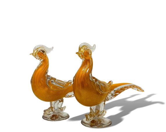 C.1950s ALFREDO BARBINI MURANO Gold-Strewn Orange Glass Love Bird Pair | Sculptures | Figurines