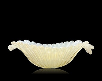 HUGE 16" C.1950s Archimede SEGUSO MURANO "Lattimo Oro" White Opalescent w/Gold Scalloped Glass Bowl | Centerpiece  - Published!