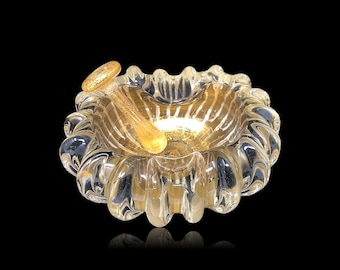 LUXURIOUS Gold Ribbed MURANO Glass Bowl | Ashtray | Trinket Dish W/Pestle | Tamper