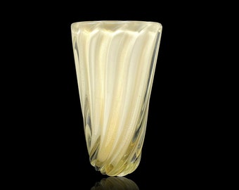 MASSIVE 10+ lbs MCM Hollywood Regency Murano Cased Lattimo & Gold Ribbed Glass Vase