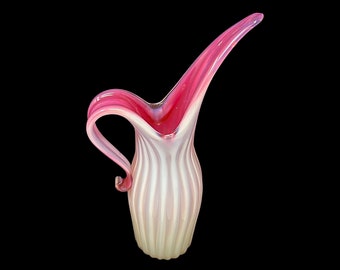 Spectacular FRATELLI TOSO MURANO Hot Pink Lattimo Opalino Ribbed Glass Ewer | Pitcher