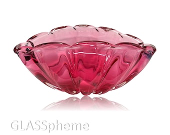 DAZZLING C.1960s Alfredo BARBINI MURANO Cranberry Sommerso Ribbed Glass Bowl | Centerpiece