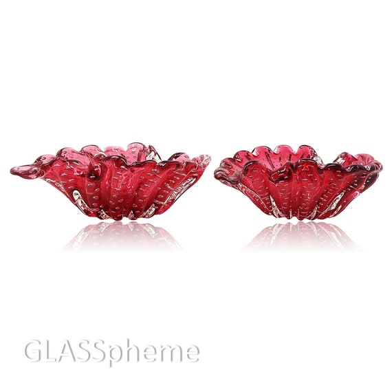 Divine FRATELLI TOSO MURANO Cranberry Bullicante Glass Bowls With Copper Flecks Set