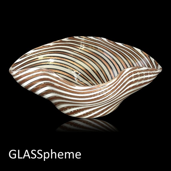 SHIMMERING C.1950s FRATELLI TOSO Murano Copper & White Cane Swirl Glass Centerpiece | Serving Bowl