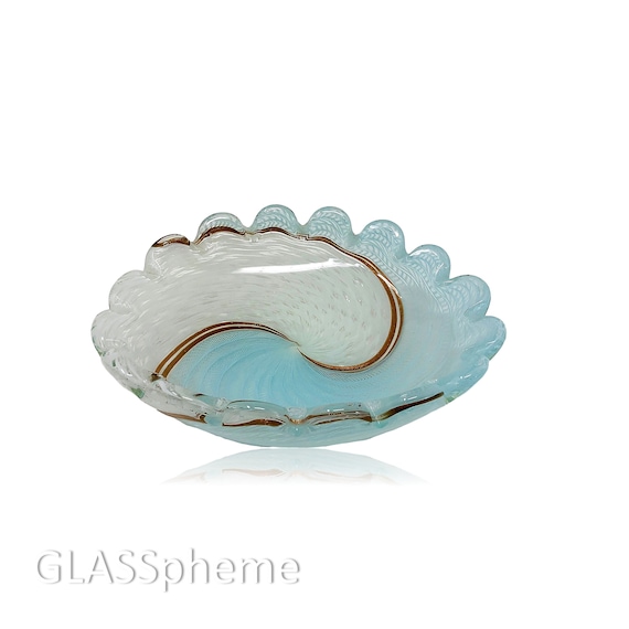 FRATELLI TOSO MURANO Pale Blue White Zanfirico Swirls Bowl | Candy Dish | Centerpiece