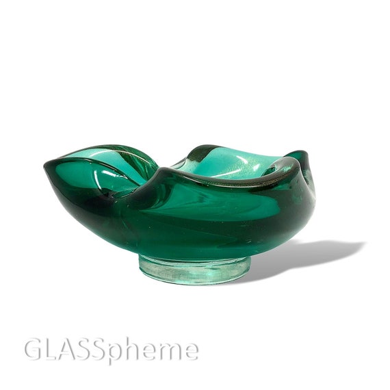Huge MURANO Green & Gold-Flecked Sommerso Glass Bowl | Centerpiece | Ashtray