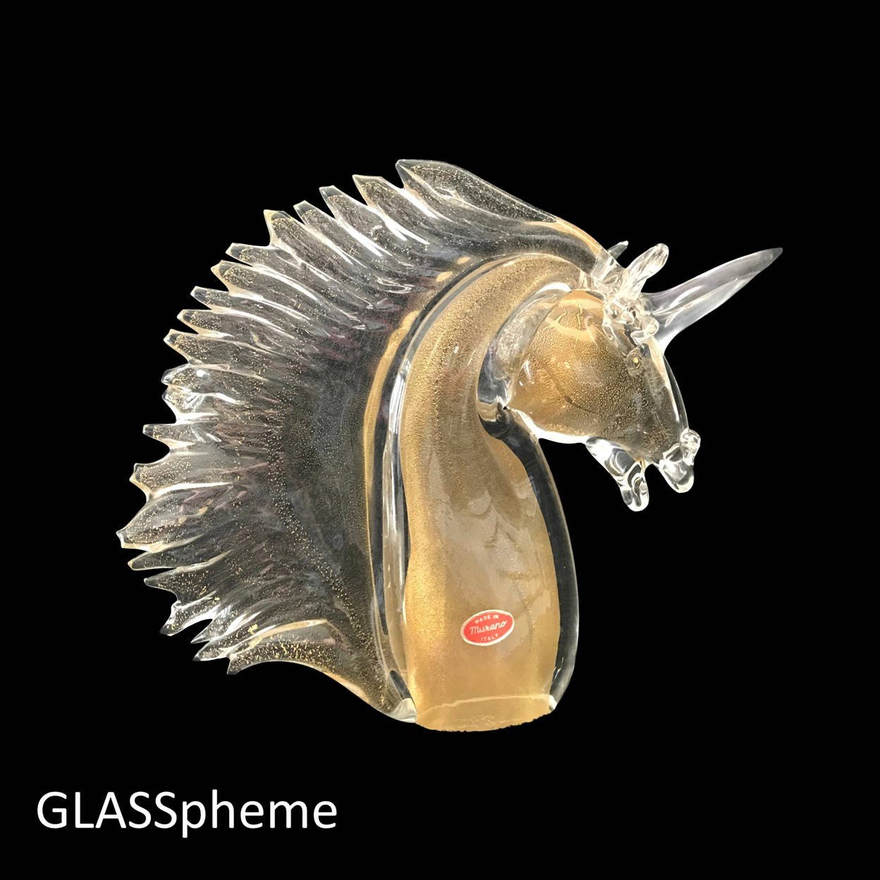 HUGE 12 MURANO Glass Unicorn Horse Head Statue Sculpture Label, SIGNED