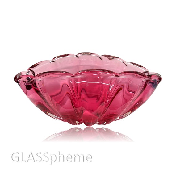 DAZZLING C.1960s Alfredo BARBINI MURANO Cranberry Sommerso Ribbed Glass Bowl | Centerpiece