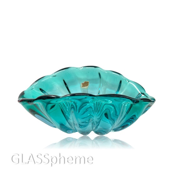 DAZZLING C.1960s Alfredo BARBINI MURANO Teal Sommerso Ribbed Glass Bowl | Centerpiece + Label