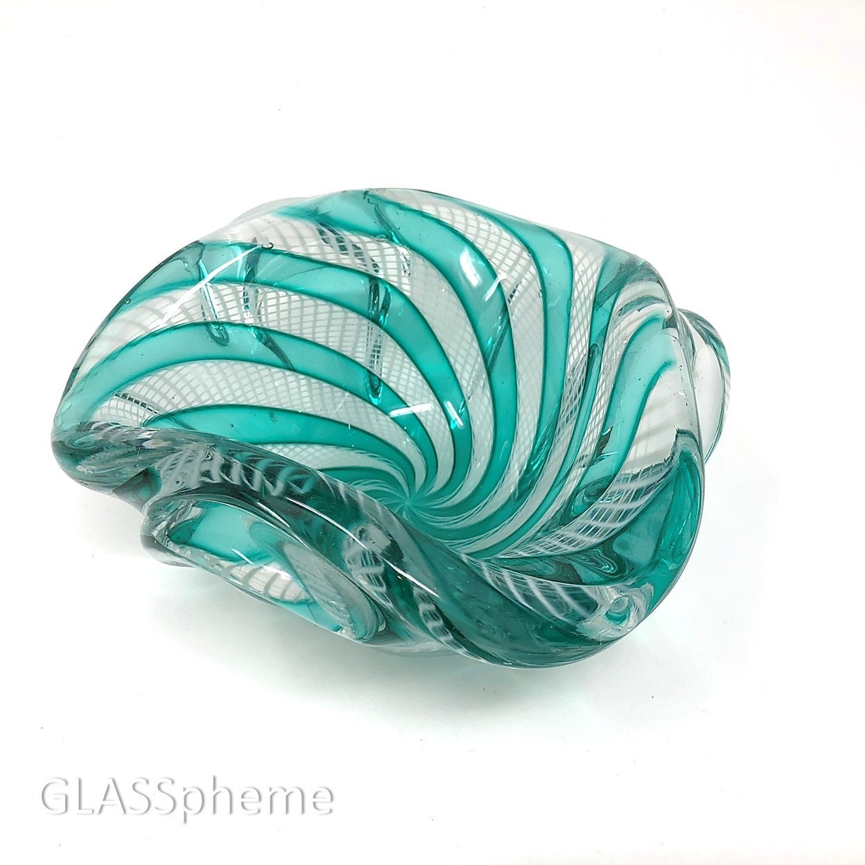 MURANO Zanfirico Reticello Sommerso Biomorphic Glass Bowl Sculpture