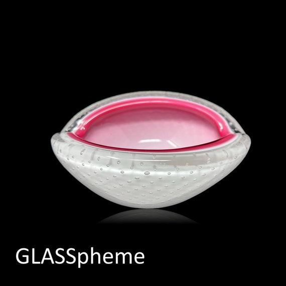 PHENOMENAL Large Fratelli Toso Italian Mid-Century MOD Hot Pink Rimmed Cased Bullicante Glass Bowl | Dish
