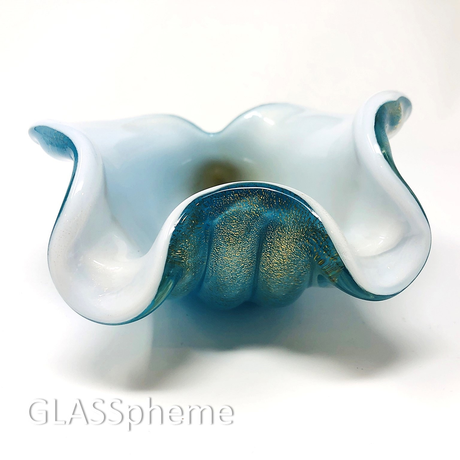 Alfredo BARBINI MURANO Blue Lattimo Gold Flecked Sculptural Cased Glass