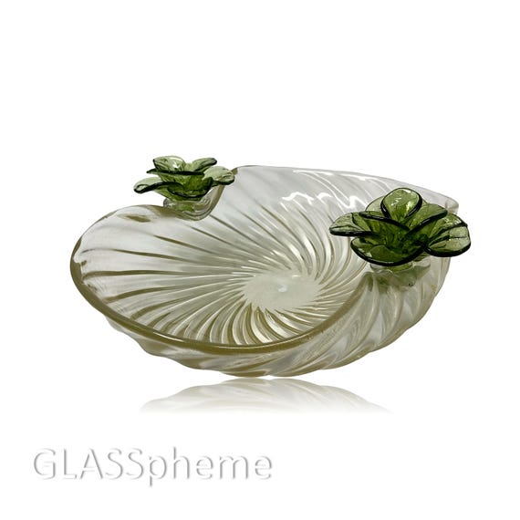 Documented Alfredo BARBINI Murano Ribbed Crystal Gold | Green Glass Centerpiece | Bowl -- MINTY
