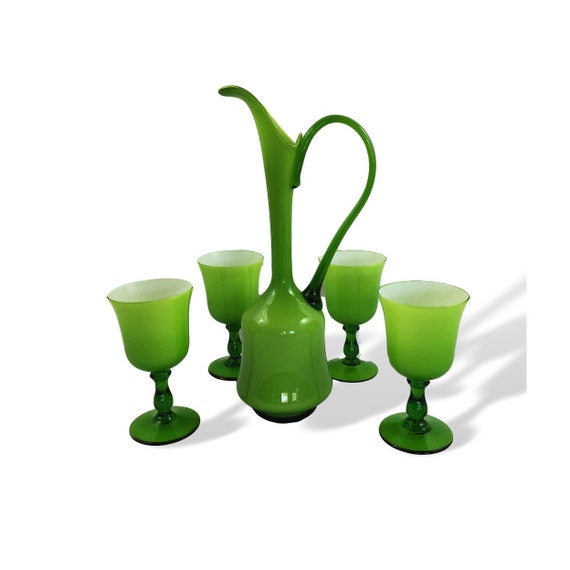 Midcentury Mod Italian/Empoli Cased Glass Decanter Set in LIME GREEN