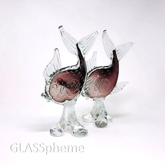 Fab C.1950s MURANO A.VE.M Amethyst Bullicante Glass Fish Pair Figurines | Sculptures