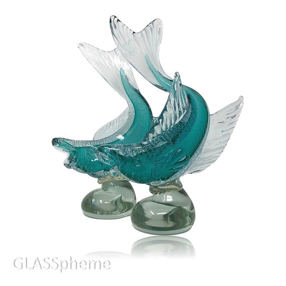 HUGE 15+" C.1960s Alfredo BARBINI MURANO Turquoise Bollicine Glass Fish Sculpture Set