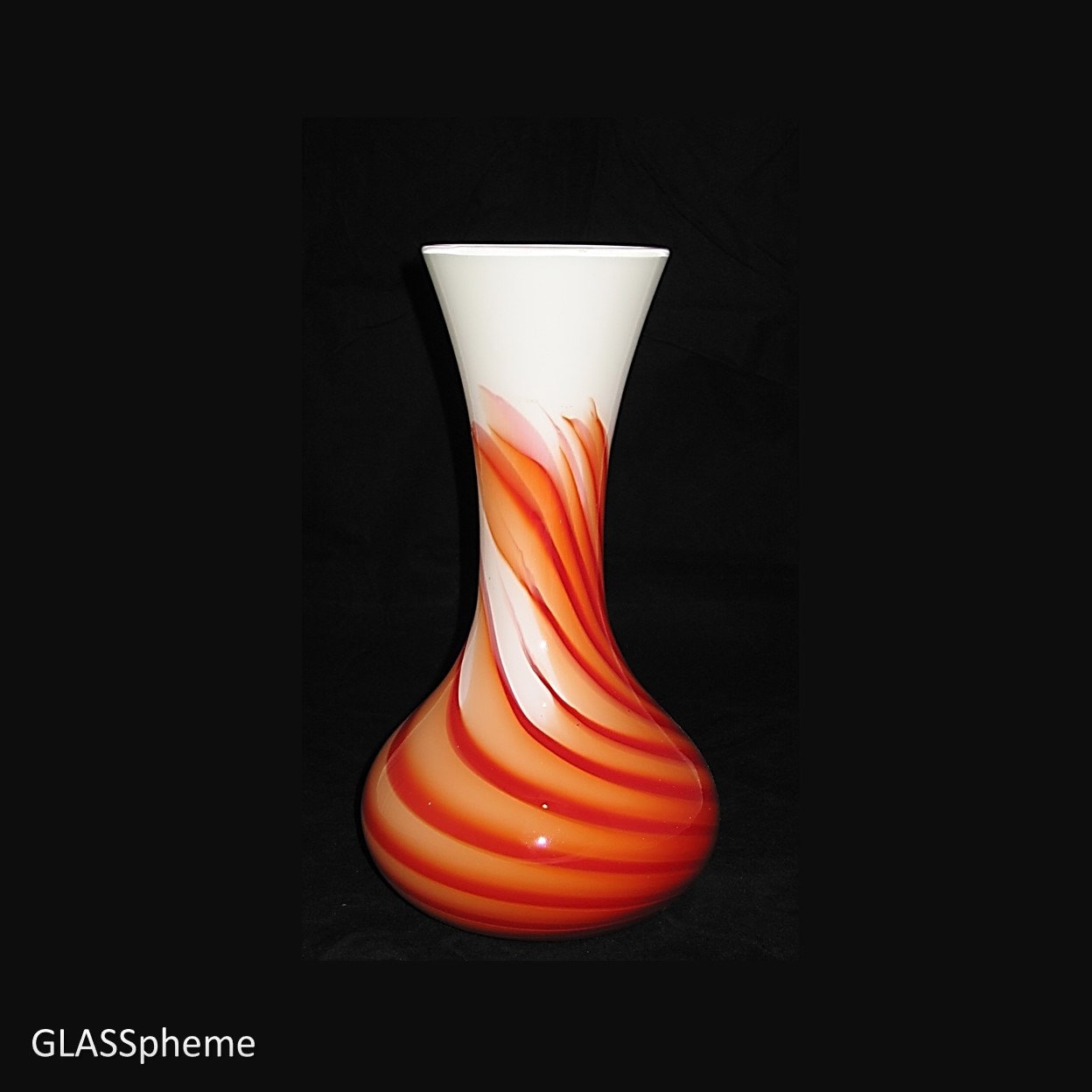 BIG MIDCENTURY Italian/Empoli White ATOMIC Orange Swirl Cased Glass Vase