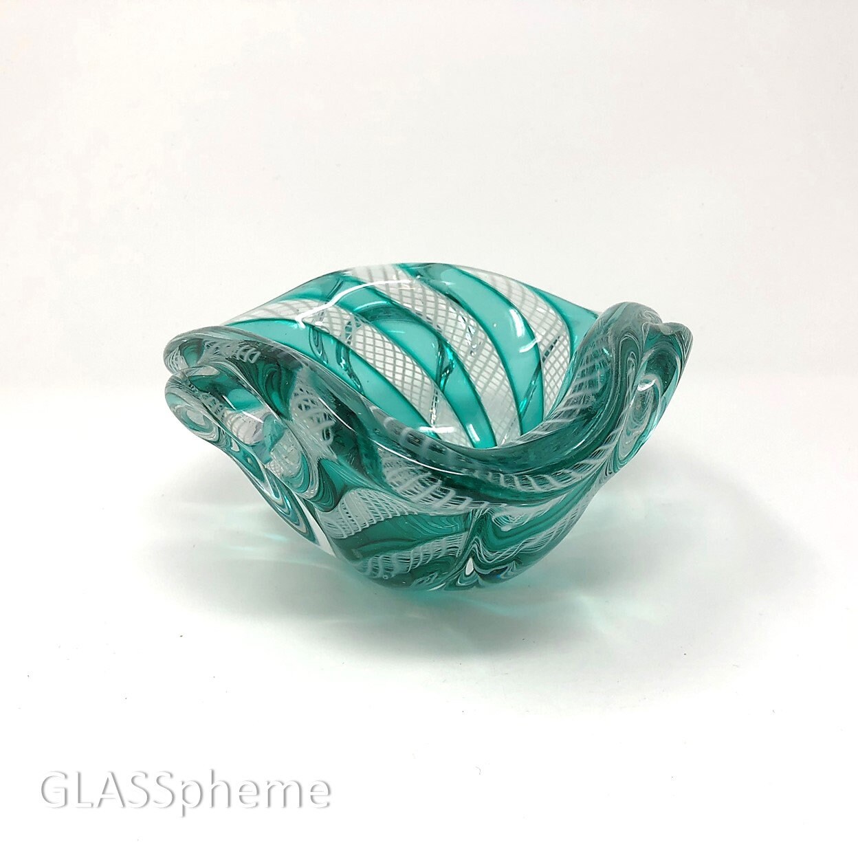 MURANO Zanfirico Reticello Sommerso Biomorphic Glass Bowl Sculpture