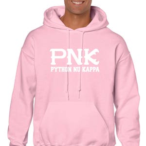 May include: Pink hoodie with white lettering that says "PNK" and "PYTHON NU KAPPA"
