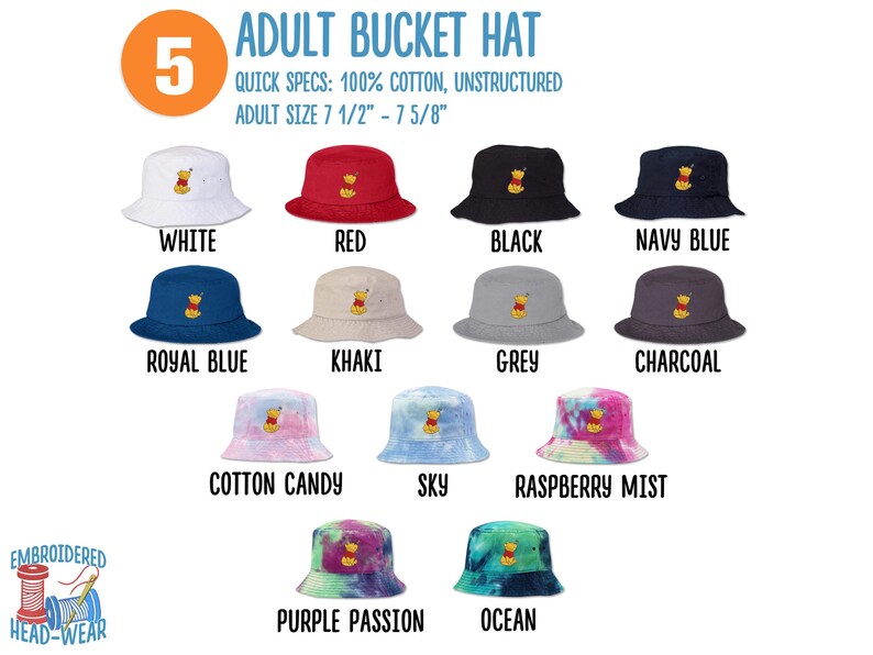 May include: A selection of 14 adult bucket hats in various colors and patterns. The hats are made of 100% cotton and are unstructured. The hats feature a small embroidered image of a cartoon bear.