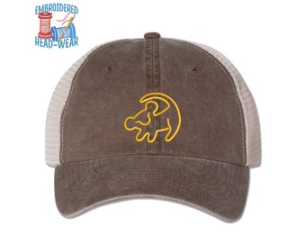 Simba Outline Embroidered Cap | The Lion King Simba Cub Stitched Cap | Adult & Youth Sizes | Trucker Cap Bucket Hat Baseball Dad Cap