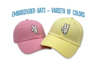 Mickey Mouse Peace Sign Embroidered Hat | Mouse Hands Baseball Caps | Variety of Hat Colors | Embroidered with Polyneon Thread