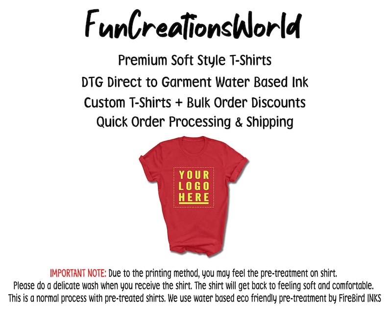 Puede incluir: Camiseta roja con el texto "YOUR LOGO HERE" impreso en amarillo. FunCreationsWorld est&aacute; impreso en la parte superior de la imagen. El texto "Premium Soft Style T-Shirts" est&aacute; impreso debajo del logotipo. El texto "DTG Direct to Garment Water Based Ink" est&aacute; impreso debajo del texto "Premium Soft Style T-Shirts". El texto "Custom T-Shirts + Bulk Order Discounts" est&aacute; impreso debajo del texto "DTG Direct to Garment Water Based Ink". El texto "Quick Order Processing & Shipping" est&aacute; impreso debajo del texto "Custom T-Shirts + Bulk Order Discounts".