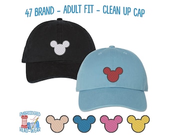 Gorra de béisbol de perfil bajo con orejas de Mickey Mouse bordadas de la marca 47 / Gorra de papá ajustable sin estructura para adultos / Parques de Disney / Gorra de béisbol de perfil bajo con orejas de Mickey