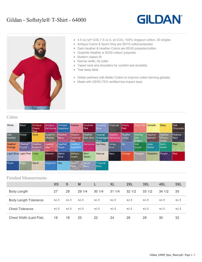 May include: A Gildan Softstyle T-Shirt in red, shown on a model. The shirt is a classic fit with a narrow width and rib collar. The fabric is 100% ringspun cotton, 30 singles. The shirt is available in a variety of colours, including white, black, antique red, antique heliconia, antique sapphire, azalea, cardinal red, carolina blue, charcoal, cherry red, coral six, cornsilk, daisy, dark chocolate, dark forest, gold, graphite heather, heather berry, cardinal heather, dark grey, gal&aacute;pagos, heliconia, indigo blue, irish green, jade dome, kelly green, kiwi, maroon, metro blue, military green, mint green, natural, navy, orange, paragon, pistachio, purple, red, royal blue, sage, sand, sapphire, sky, sport grey, stone blue, and tropical blue. The shirt is available in sizes XS, S, M, L, XL, 2XL, 3XL, 4XL, and 5XL.