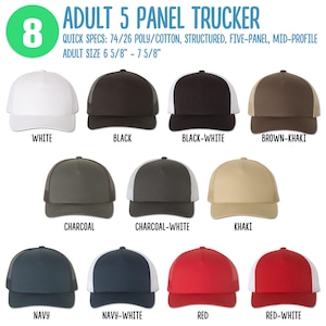 May include: Eight different colour variations of a 5-panel trucker hat. The hats are made of 74% polyester and 26% cotton. The hats are structured, have a mid-profile, and are available in adult sizes 6 5/8" to 7 5/8".