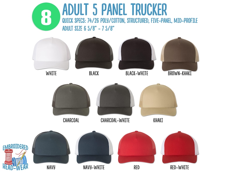 May include: Eight different colour variations of a 5-panel trucker hat. The hats are made of 74% polyester and 26% cotton. The hats are structured, have a mid-profile, and are available in adult sizes 6 5/8" to 7 5/8".