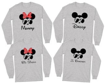 Mickey Mouse Minnie Mouse Aviator Sunglasses Long Sleeve T-Shirt | Disney Family Group Shirts | Daddy Mommy and Kids Shirts | Disney World