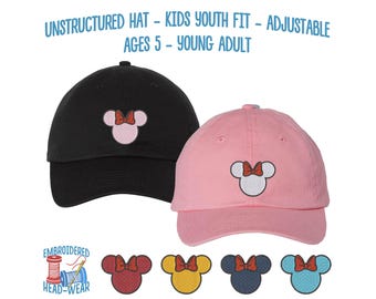 Minnie Kids Size Embroidered Hat | Disney Parks Unstructured Soft Cap | Low Profile Baseball Hat Youth Fit | Minnie Bow Ears Embroidered