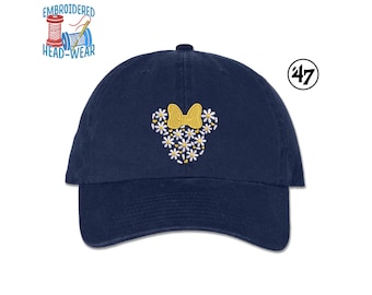 Minnie Daisy Flower Embroidered Cap | Adult Size Adjustable Premium 47 Brand Unstructured Dad Hat | Minnie Spring Flower Design Embroidery
