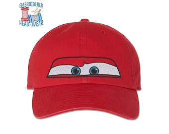 Lightning McQueen Eyes Embroidered Cap | Cars McQueen Halloween Costume Cap Ka-Chow | Adult & Youth Sizes | Trucker Cap Bucket Hat Dad Cap