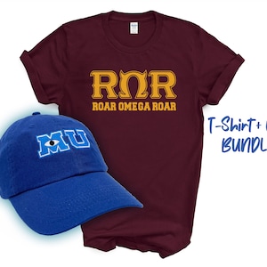 May include: A maroon t-shirt with the text "ROR ROAR OMEGA ROAR" in gold lettering. A blue baseball cap with the text "MU" in blue lettering and a white eye graphic. The text "T-Shirt + Cap Bundle!" is in blue lettering.
