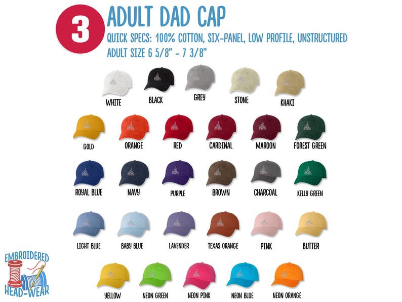 Pode incluir: Um gr&aacute;fico que mostra 25 op&ccedil;&otilde;es de cores diferentes para um bon&eacute; de pai para adultos. O bon&eacute; &eacute; feito de 100% algod&atilde;o e &eacute; de seis pain&eacute;is, de perfil baixo e sem estrutura. O tamanho para adultos &eacute; de 6 5/8" a 7 3/8".