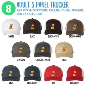 May include: Eight different color variations of a 5-panel trucker hat with a cartoon bear embroidered on the front. The hat is available in white, black, black and white, brown and khaki, charcoal, charcoal and white, khaki, navy, navy and white, red, and red and white.
