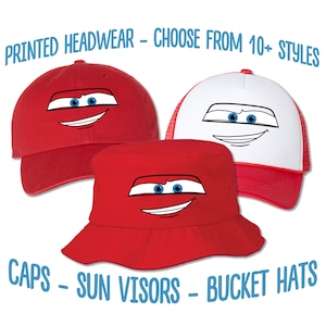 May include: Three red hats with a cartoon face printed on them. The hats are a baseball cap, a bucket hat, and a trucker hat. The text "PRINTED HEADWEAR - CHOOSE FROM 10+ STYLES" is at the top of the image. The text "CAPS - SUN VISORS - BUCKET HATS" is at the bottom of the image.